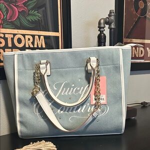 NWT Juicy Couture Light Blue Denim and White Tote with Gold Accents